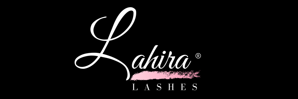 Lahira Lashes Logo, white writing with a pink element in the middle on a black background