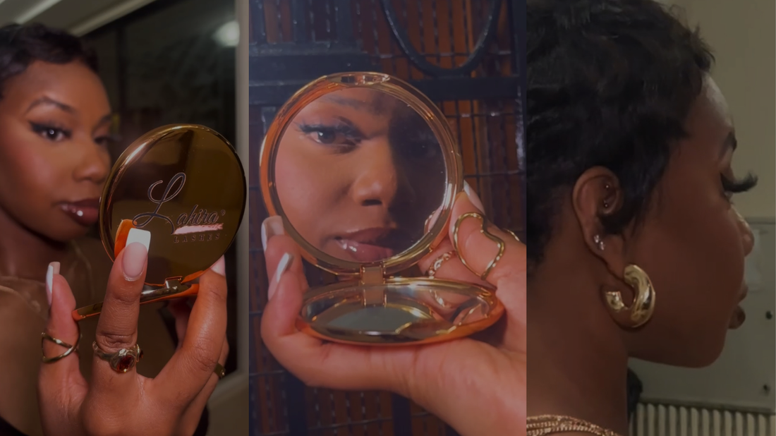 A three-panel collage of a woman showcasing a gold compact mirror, French-tip nails, gold rings, dramatic lashes, and statement gold earrings.