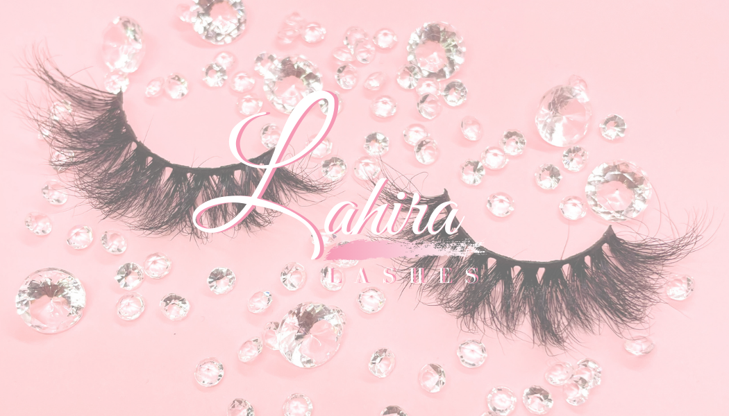 Lashes on a pink background with diamonds showing on the background with the writing Lahira Lashes
